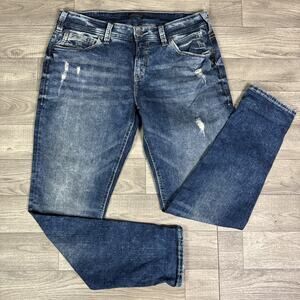 Silver Jeans Ripped Mid Rise Skinny Girlfriend Jeans Medium Wash sz 14